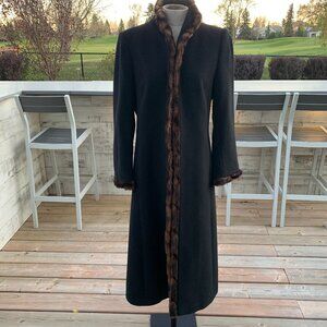 Vintage 90s Windsmoor Wool Cashmere Faux Fur Trim Long Winter Coat Overcoat